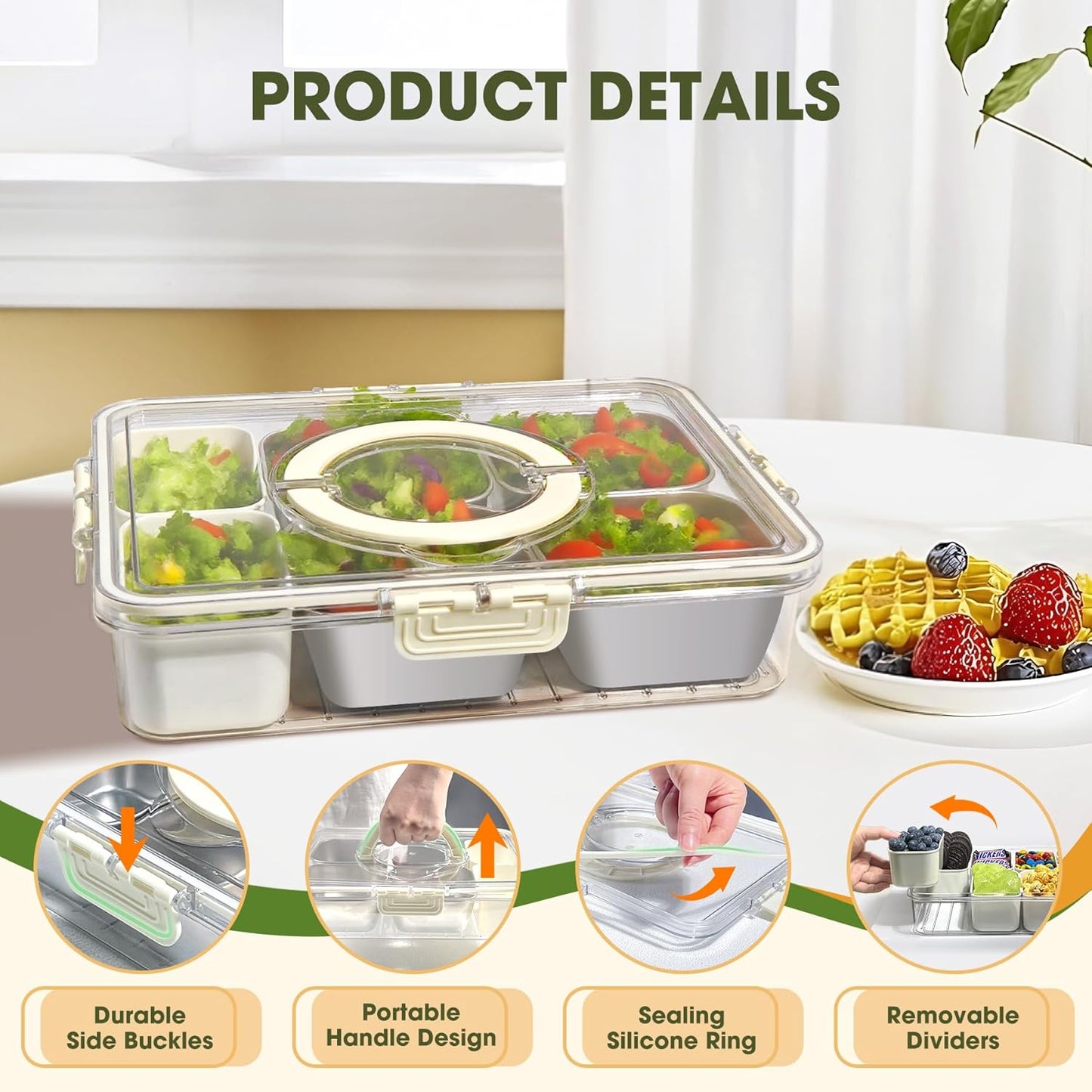 WanshengLe 6 in 1 Snackle Box 3.82L with Lid & Handle, 4 PCS Stainless Steel Snack Box and 2 PCS Plastic Box, 6 Detachable & Dishwasher Safe Snacklebox, Divided Container Box for Snack Fruit Nut