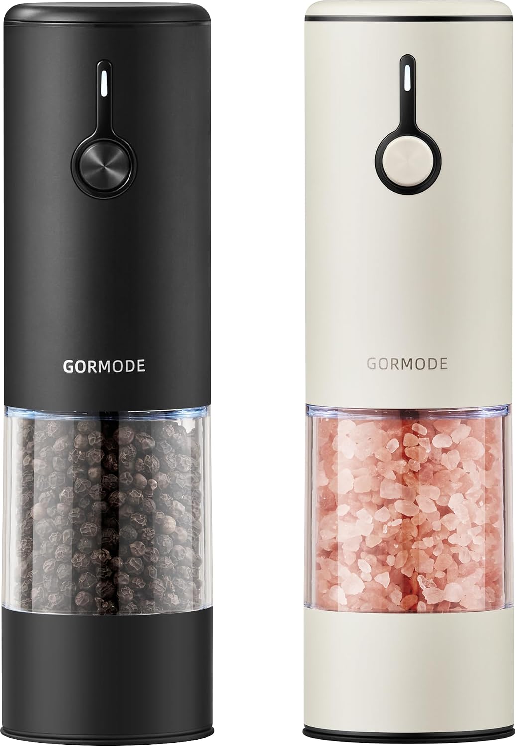 Stainless Steel Rechargeable Electric Salt and Pepper Grinder Set – USB Charging, One-Hand Electric Mill, Adjustable Coarseness, LED Light & Dust Cover –2pack(Greige & Buttercream)