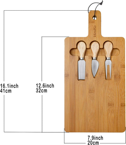 Bamboo Cheese Board and Knife Set – 14 inch Round Charcuterie Board, Serving Tray, Platter, Wood Cheeseboard Set with Slide-Out Drawer – BlauKe®