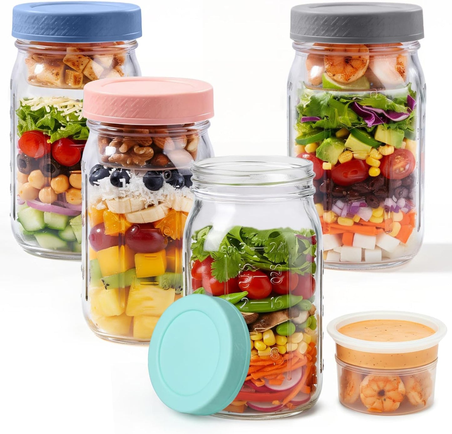 ComSaf 32oz Glass Salad Jars for Meal Prep 4-Pack, Round Mason Salad Jars with Dressing Cup & Leakproof Lid, Anti-Soggy Salad Shaker for Office & Fitness, Precision Portion Control, Wellness