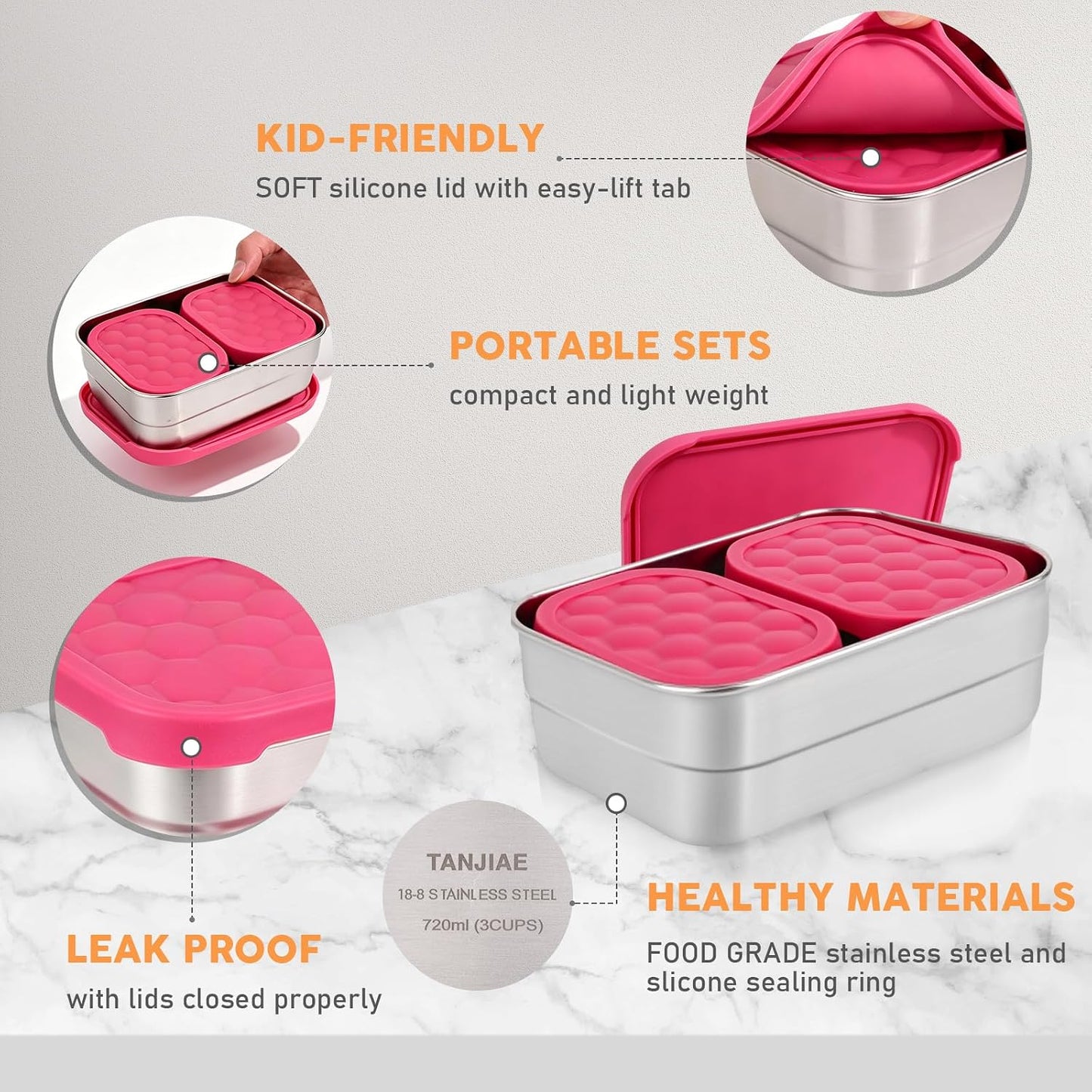 Tanjiae Small (1 CUP) Stainless Steel Snack Containers for Kids | Easy Open Leak Proof Food Containers with Silicone Lids - Perfect Metal Toddler Lunch Box for Daycare and School (8oz)
