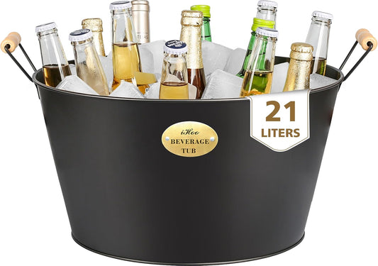 5.5 Gallon Large Beverage Tubs for Parties, 21L Galvanized Ice Bucket with Wooden Handles for Beer, Wine, Cocktails & Outdoor Events -Black