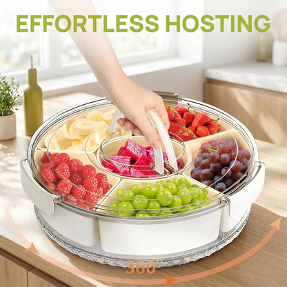 Divided Serving Tray with Lid & Handle, Portable Rotating Snackle Box, Clear Snack Spinner for Fruits, Snacks, Veggie & Charcuterie, Lazy Susan Organizer for Kitchen, Party, Travel & Picnic