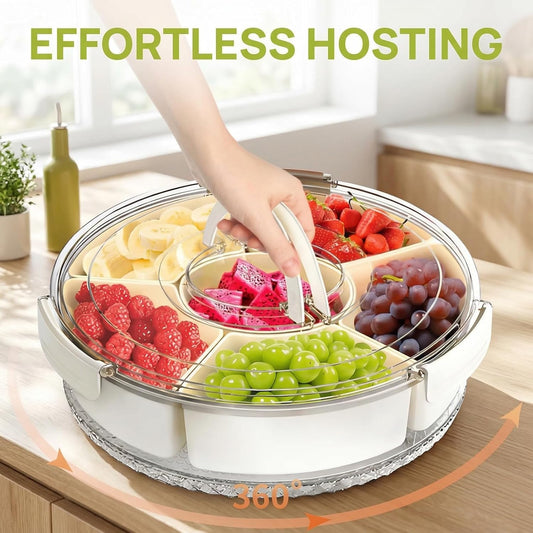 Divided Serving Tray with Lid & Handle, Portable Rotating Snackle Box, Clear Snack Spinner for Fruits, Snacks, Veggie & Charcuterie, Lazy Susan Organizer for Kitchen, Party, Travel & Picnic