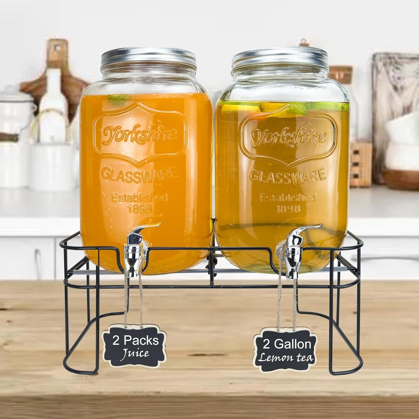 1 Gallon Glass Drink Dispenser for Parties, 2 Packs Juice Lemonade Ice Tea Water Dispenser with Stand, HENABLE Beverage Dispensers with Spigot for BBQ, Picnic, Party