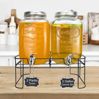 1 Gallon Glass Drink Dispenser for Parties, 2 Packs Juice Lemonade Ice Tea Water Dispenser with Stand, HENABLE Beverage Dispensers with Spigot for BBQ, Picnic, Party
