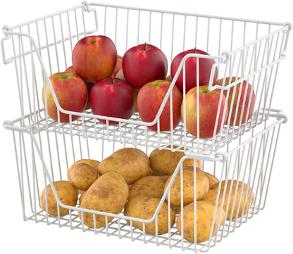 Slideep Wire Storage Baskets, Freezer Baskets Farmhouse Stackable Organizer Storage Bins Large Organizer for Storage, Office, Bathroom, Pantry Organization Storage with Handles 14" Black -Set of 3
