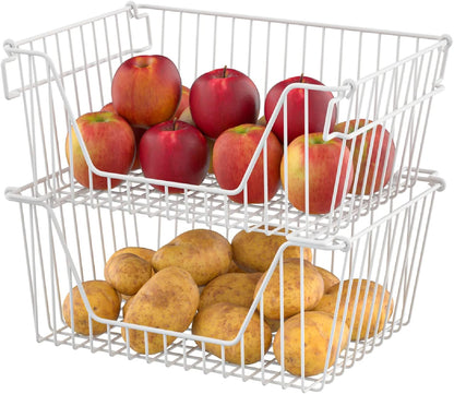 Slideep Wire Storage Baskets, Freezer Baskets Farmhouse Stackable Organizer Storage Bins Large Organizer for Storage, Office, Bathroom, Pantry Organization Storage with Handles 14" Black -Set of 3