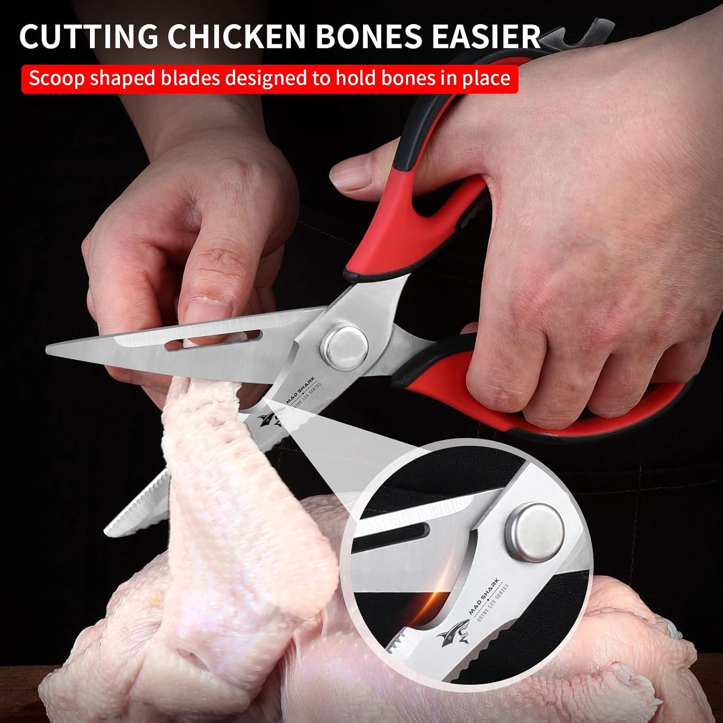 MAD SHARK Kitchen Scissors All Purpose Kitchen Shears Come Apart,Stainless Steel Utility Scissors with Comfort Grip,Heavy Duty Poultry Shears for Food,Chicken,Meat,Fish,Dishwash Safe(BLACK)