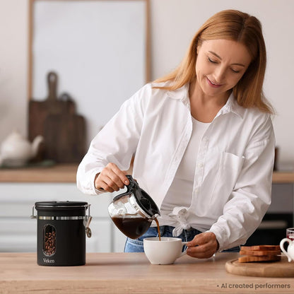 Veken Coffee Canister with Window, Family Choice Awards Winner, Airtight Stainless Steel Home Kitchen Food Storage Container with Lids for Grounds, Beans, Tea, Flour,Cereal,Sugar Jars,Scoop,16OZ,Black