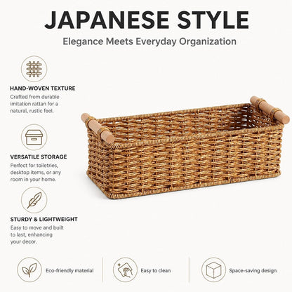 Handwoven Storage Basket Decorative Basket Rectangular with Handles Organizer for Living Room Toilet Pantry Bookcase Cabinet, Style B