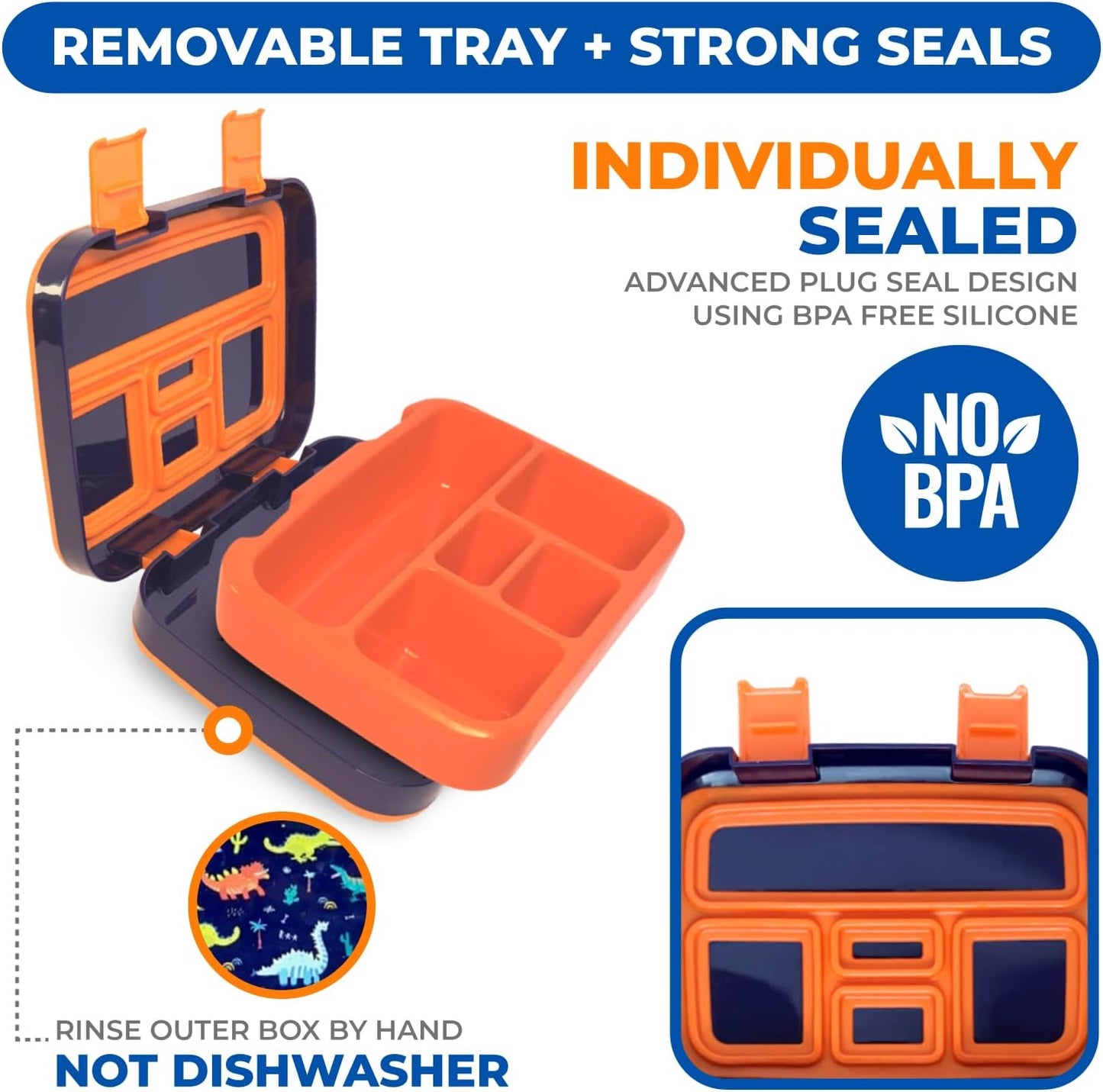 Kinsho Bento Lunch Box for Kids Toddlers, 5 Portion Control Sections, BPA Free Removable Plastic Tray, Pre-School Kid Toddler Daycare Lunches, Snack Container Ages 3 to 7 (Blue Space Rockets)