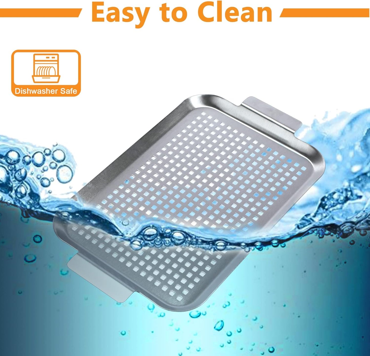 Grill Pan Set of 2, BBQ Grill Topper for Outdoor Grill, Stainless Steel Grilling Baskets with Holes and Handles, Perforated Food Tray Barbecue Accessories for Vegetable, Fish, Meat, Seafood