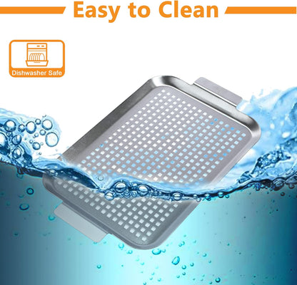 Grill Pan Set of 2, BBQ Grill Topper for Outdoor Grill, Stainless Steel Grilling Baskets with Holes and Handles, Perforated Food Tray Barbecue Accessories for Vegetable, Fish, Meat, Seafood
