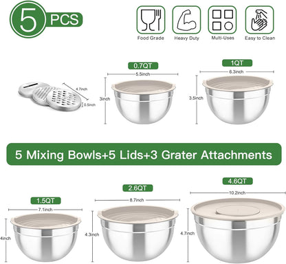 TeamFar Mixing Bowls with Airtight Lids, 5PCS Stainless Steel Metal Salad Bowl with 3 Grater Attachments, for Cooking, Prepping, Serving, Healthy & Easy Clean - 0.7/1/1.5/2.6/4.6QT, Black