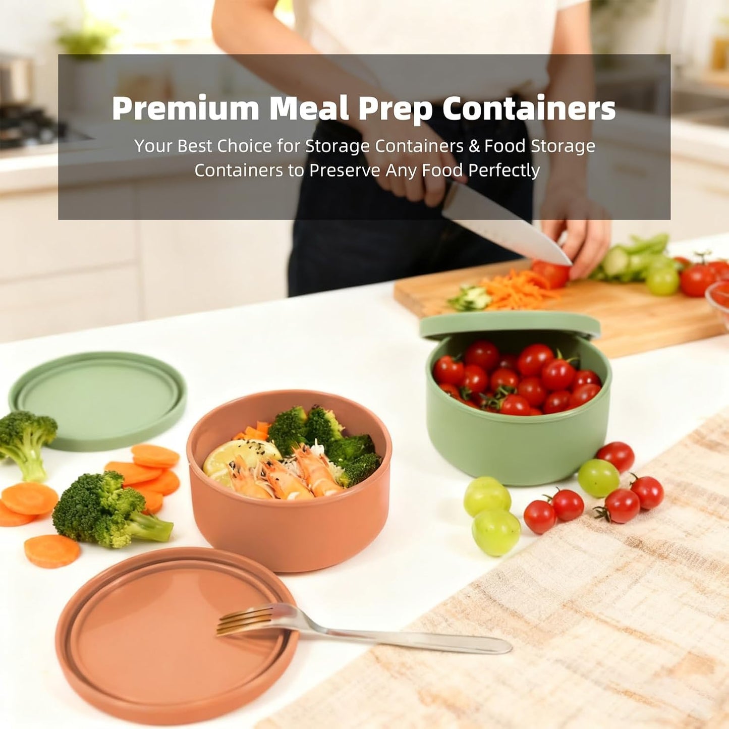 24oz Silicone Food Storage Containers,Round Bowls with Lids - Meal Prep Containers for Kitchen Serving, Salad & Lunch - Airtight, Microwave/Fridge/Dishwasher Safe, BPA-Free (Grass green, 3PACK)