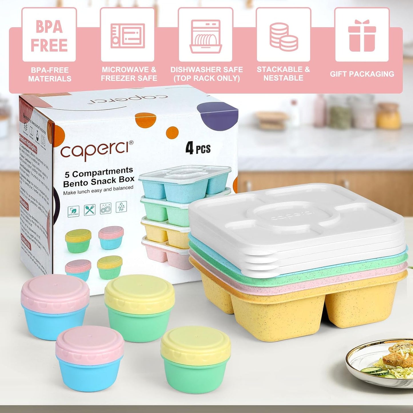 Caperci Original Lunchable Snack Containers for Kids & Adults - 5 Compartments Bento Snack Boxes with 4 Leakproof Small Containers, Wheat Straw, BPA-Free, Set of 4