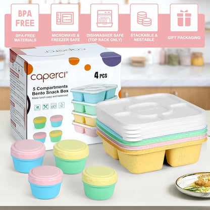 Caperci Original Lunchable Snack Containers for Kids & Adults - 5 Compartments Bento Snack Boxes with 4 Leakproof Small Containers, Wheat Straw, BPA-Free, Set of 4