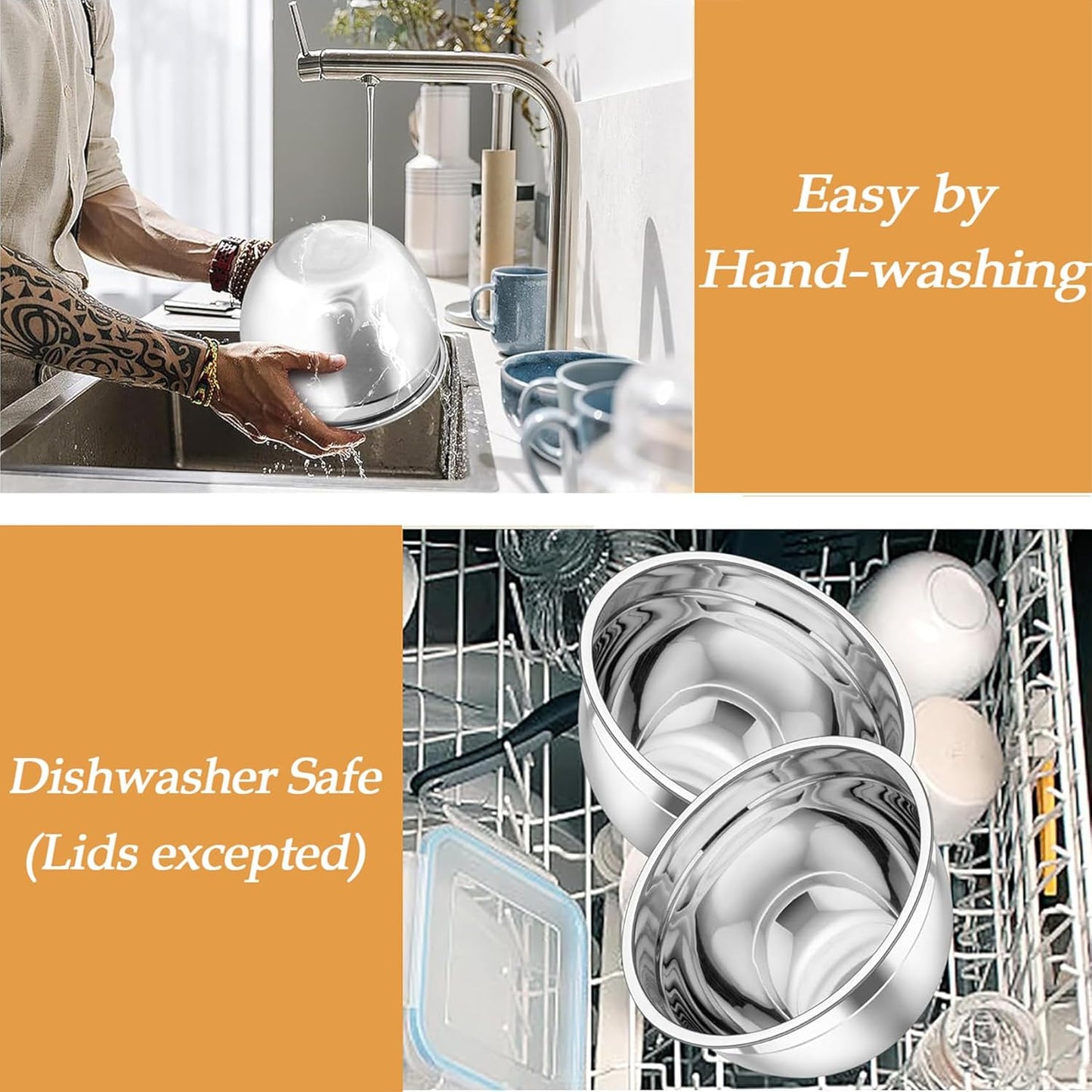 TeamFar Mixing Bowls, Stainless Steel Nesting Salad Bowls with Lids Set of 3 & 3 Grater Attachments, For Mixing/Serving/Storing, Non-toxic & Long-lasting, Size 4.6/3 / 1.5 QT, Black
