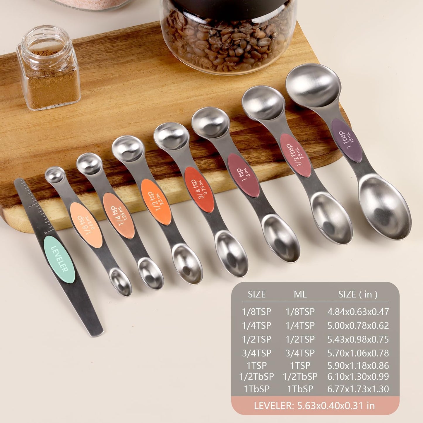 ChefAide Pack of 8 Stainless Steel Magnetic Measuring Spoons Set, Dual Sided, Stackable, Adjustable Teaspoon and Tablespoon Measure Spoon with Leveler, Kitchen Gadgets