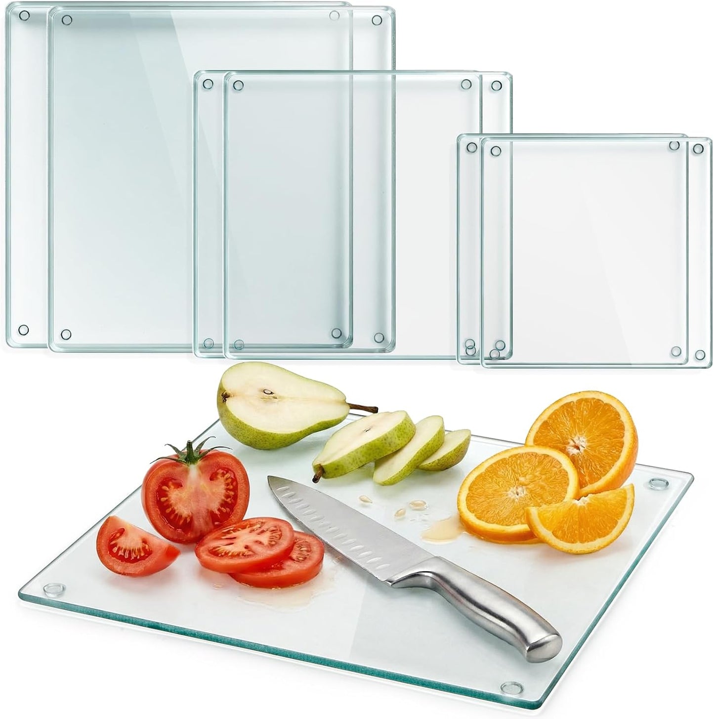 Hacaroa 4 Pack Tempered Glass Cutting Board with Rubber Feet, Rectangle Non-slip Chopping Board, Long Lasting Clear Glass Tray for Kitchen Countertop, Table, Shatter-Resistant, Heat-Resistant, 2 Size