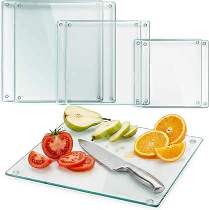 Hacaroa 4 Pack Tempered Glass Cutting Board with Rubber Feet, Rectangle Non-slip Chopping Board, Long Lasting Clear Glass Tray for Kitchen Countertop, Table, Shatter-Resistant, Heat-Resistant, 2 Size