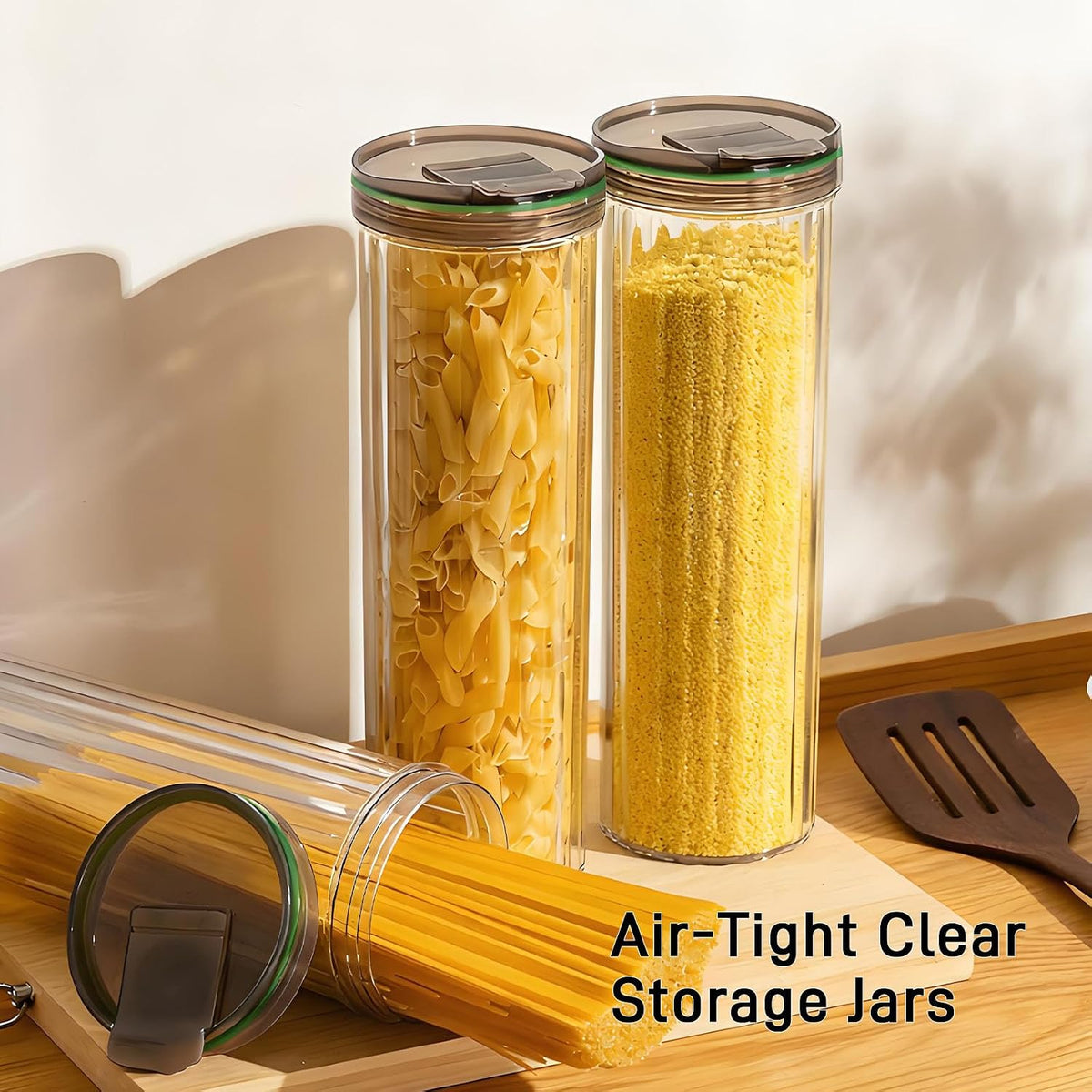 Airtight Spaghetti Container Storage Clear Pasta Holder Organizer | Eleven Inch Vertical Pasta Storage Canister Fits Full Length Noodles Cereal Rice Two Pack