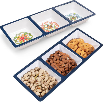 Chip & Dip Serving Tray Set, 4 Sectional Round Melamine Serving Platter, Relish Tray, Round Compartment Appetizer platter for Veggies, Candy and Snacks, Matte Black, Set of 2