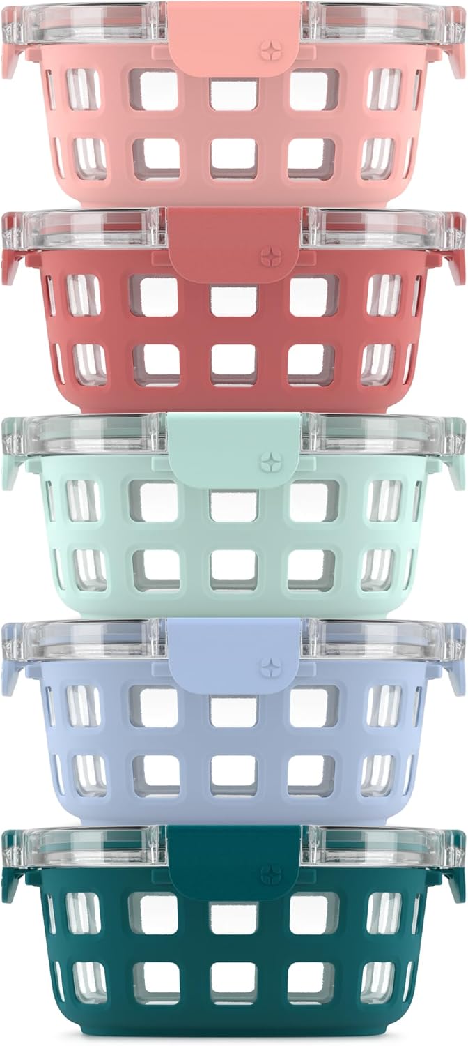 Ello Duraglass 3.4 Cup Meal Prep Sets 10Pc, 5 Pack Set- Glass Food Storage Container with Silicone Sleeve and Airtight BPA-Free Plastic Lids, Dishwasher, Microwave, and Freezer Safe, Olive Tree