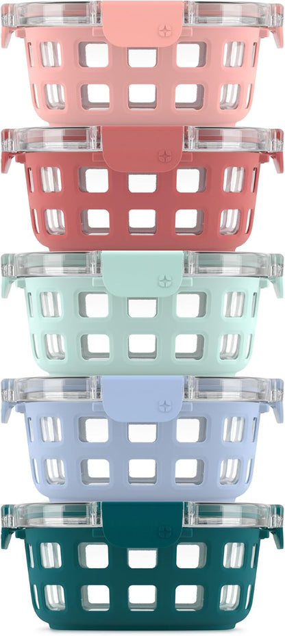 Ello Duraglass 3.4 Cup Meal Prep Sets 10Pc, 5 Pack Set- Glass Food Storage Container with Silicone Sleeve and Airtight BPA-Free Plastic Lids, Dishwasher, Microwave, and Freezer Safe, Olive Tree