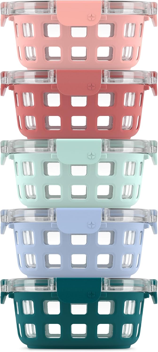 Ello Duraglass 3.4 Cup Meal Prep 10Pc,Set,Glass Food Storage Container with Silicone Sleeve and Airtight BPA-Free Plastic Lids,Dishwasher,Microwave & Freezer Safe,Evening Orchard,5 Count (Pack of 2)