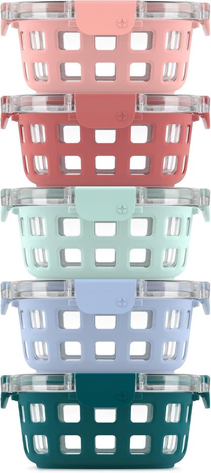 Ello Duraglass 3.4 Cup Meal Prep 10Pc,Set,Glass Food Storage Container with Silicone Sleeve and Airtight BPA-Free Plastic Lids,Dishwasher,Microwave & Freezer Safe,Evening Orchard,5 Count (Pack of 2)