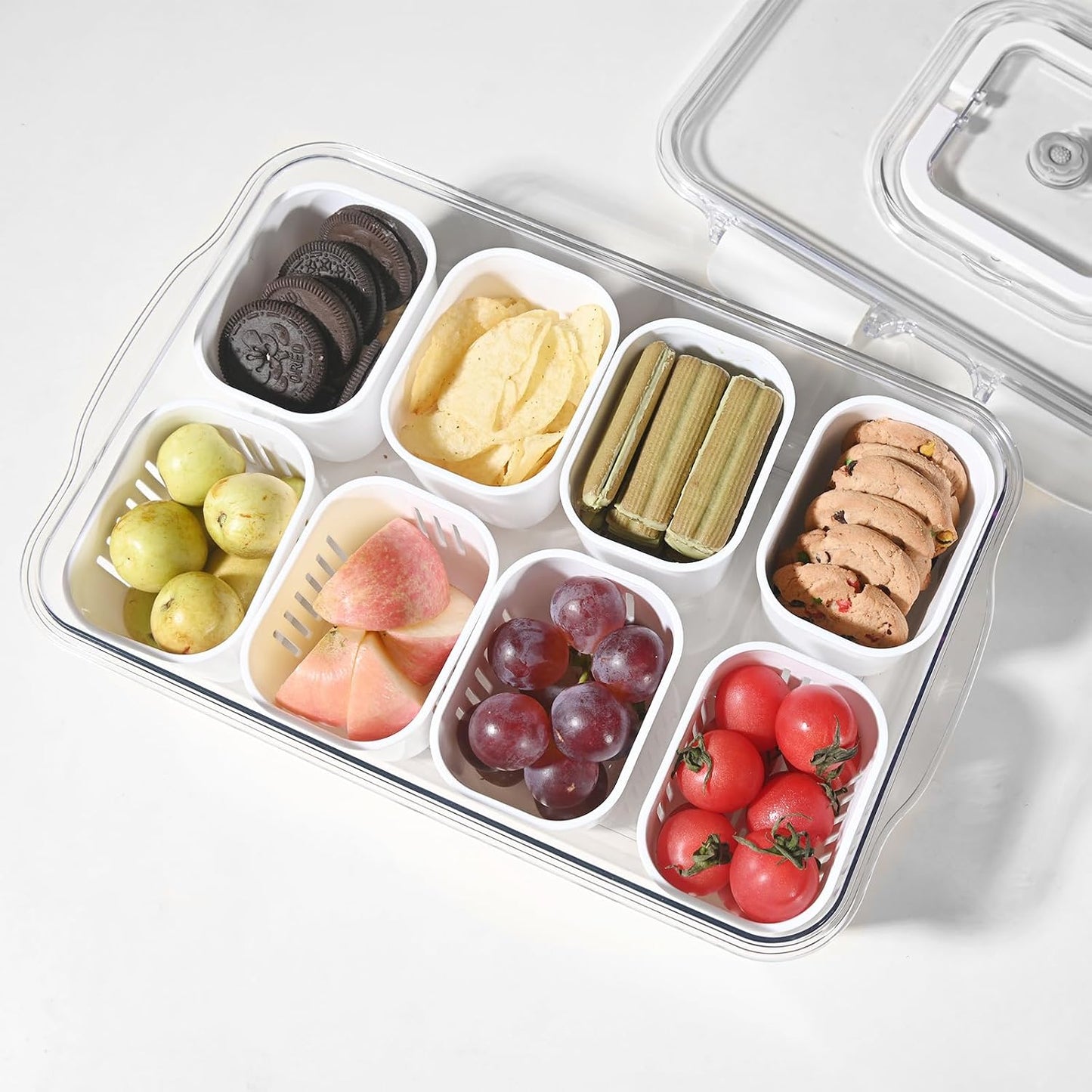 Snackle Box Container, Divided Serving Tray with Lid & Handle Dishwasher Safe, Portable Clear Storage Organizer for Candy Fruits Nuts Snacks Veggie - Perfect for Party, Entertaining, Traveling