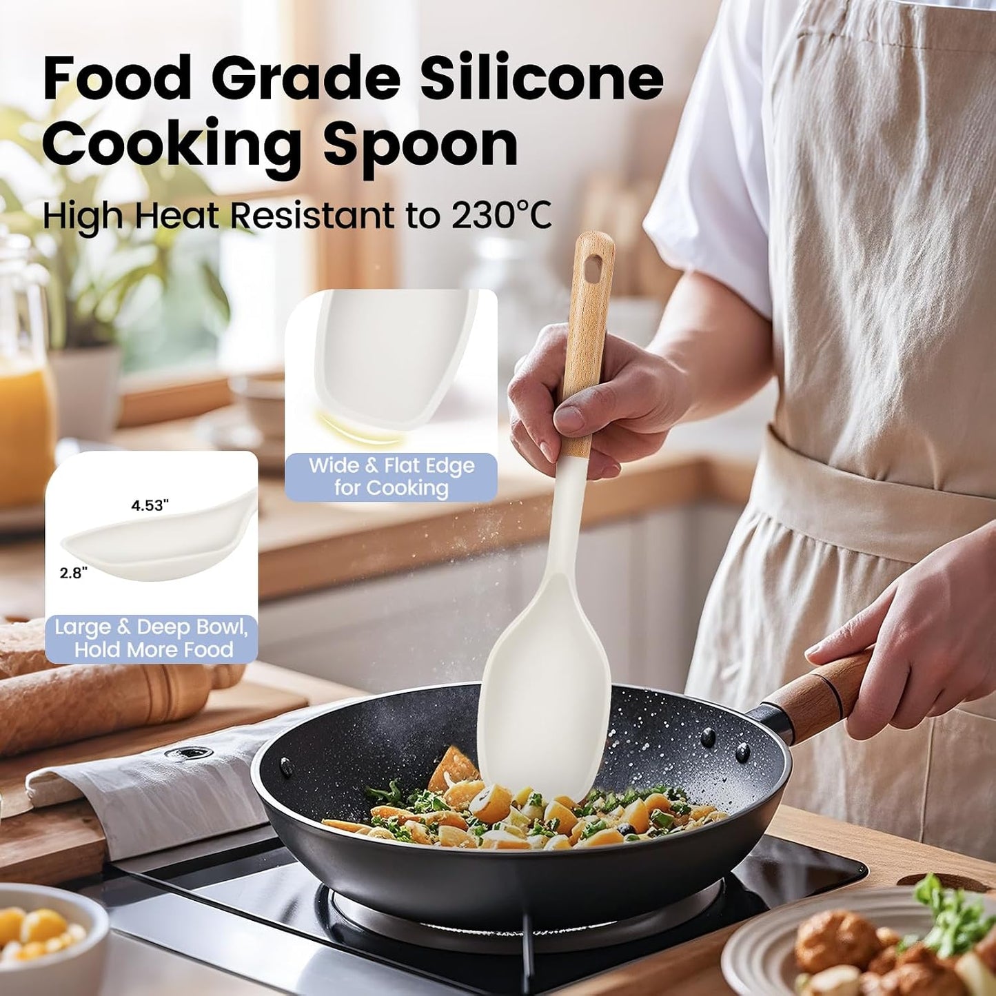 Large Silicone Cooking Spoons Set, 2 Pcs Heat Resistant Serving Spoon, Multifunction Nonstick Spatula Spoon, Kitchen Cucharras de Silicona for Mixing, Stiring, Basting, Scooping, Scraping