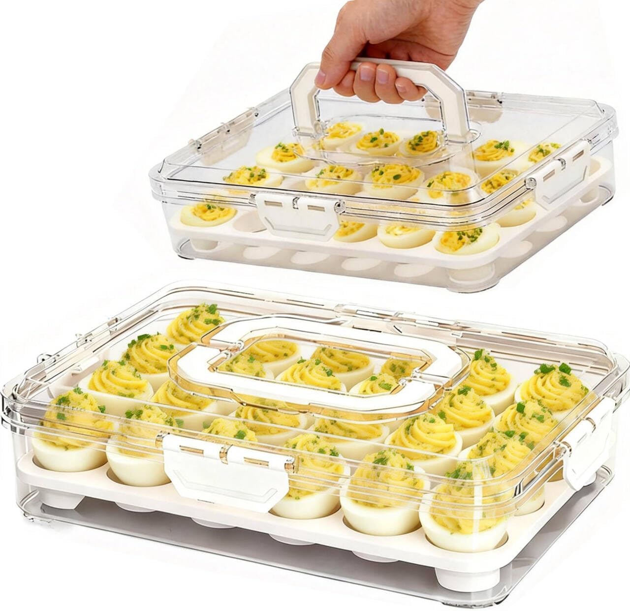 2 Pack Deviled Egg Containers with Lid, Detachable Deviled Egg Platter, Durable Clear Plastic Deviled Egg Carrier Storage 48 Eggs, Stackable Deviled Egg Tray for Fridge Party & Picnics-White