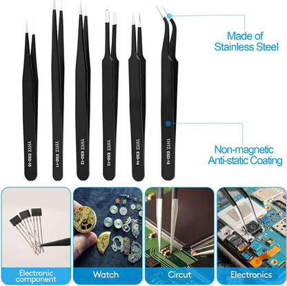 YHYZ Precision Tweezers Set, Premium Stainless Steel Anti-Static ESD Tweezes, Suitable for Tweezers, for Craft, Electronic, Soldering, Model, Hobby, Jewelry Making Laboratory