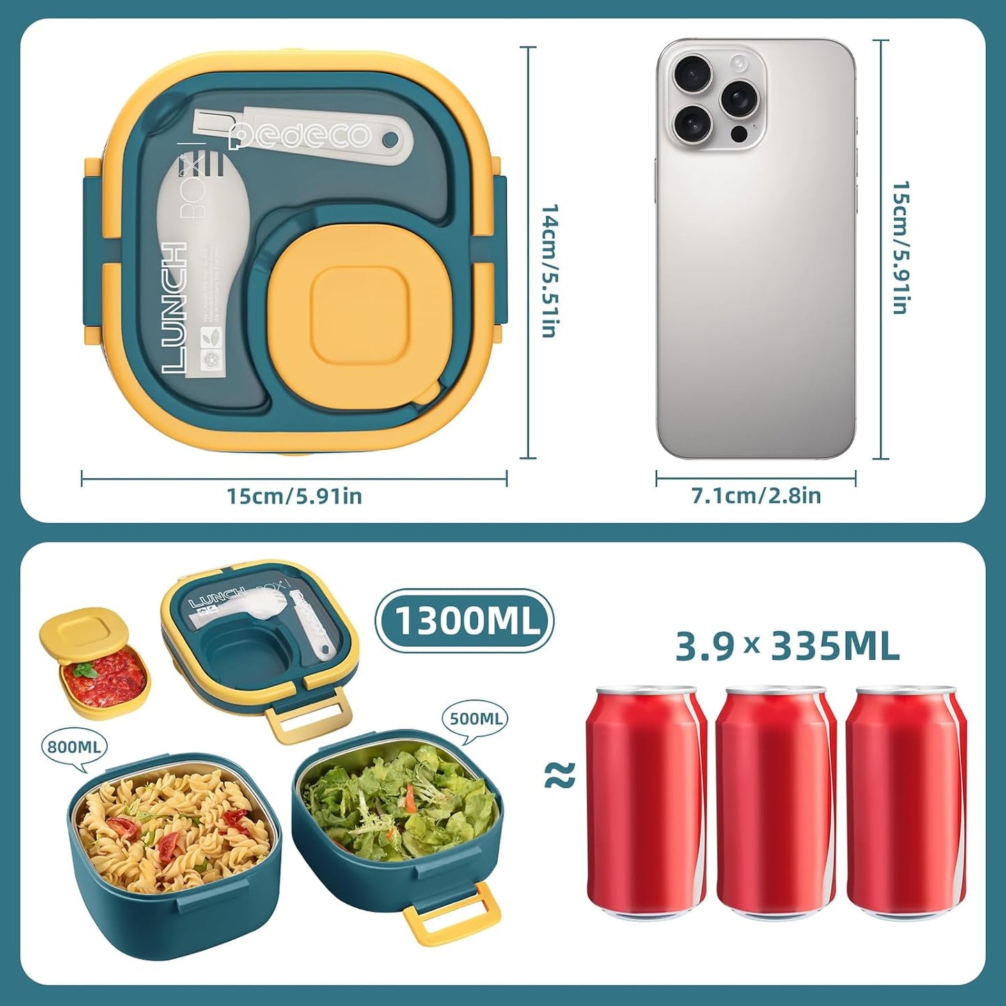 PEDECO Stackable Stainless Steel Bento Box with Insulated bag,Adult & Kids Luch Box,Leak-Proof,1-Tier Bento box,Lunch Box With Portable Sauce Pod and Cutlery-for Teens/Toddler,Dishwasher Safe,Blue