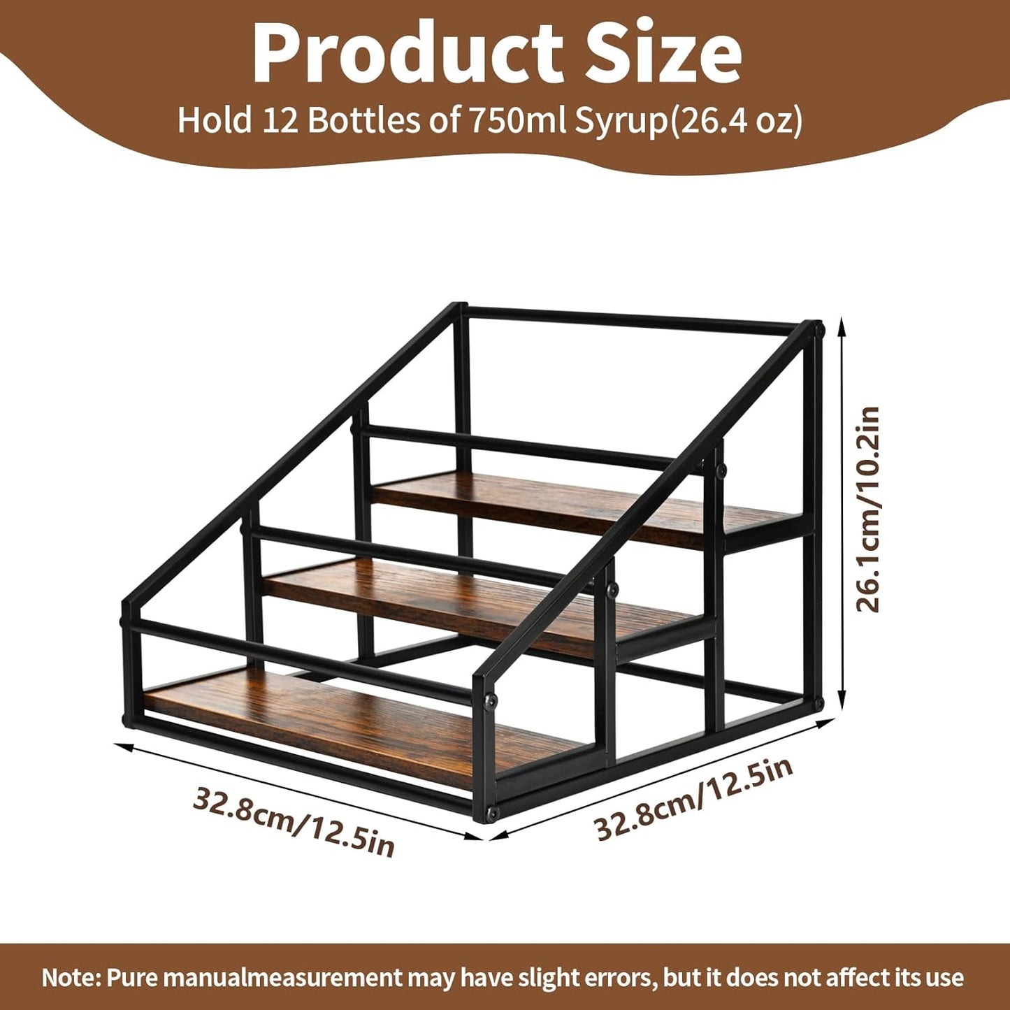 YQBRAO Coffee Syrup Rack Organizer,Liquor Bottle Display Shelf,2-Tier 4 Bottle Stand for Coffee Bar, Kitchen Station, Liquor, Wine, Dressing,Rustic Brown