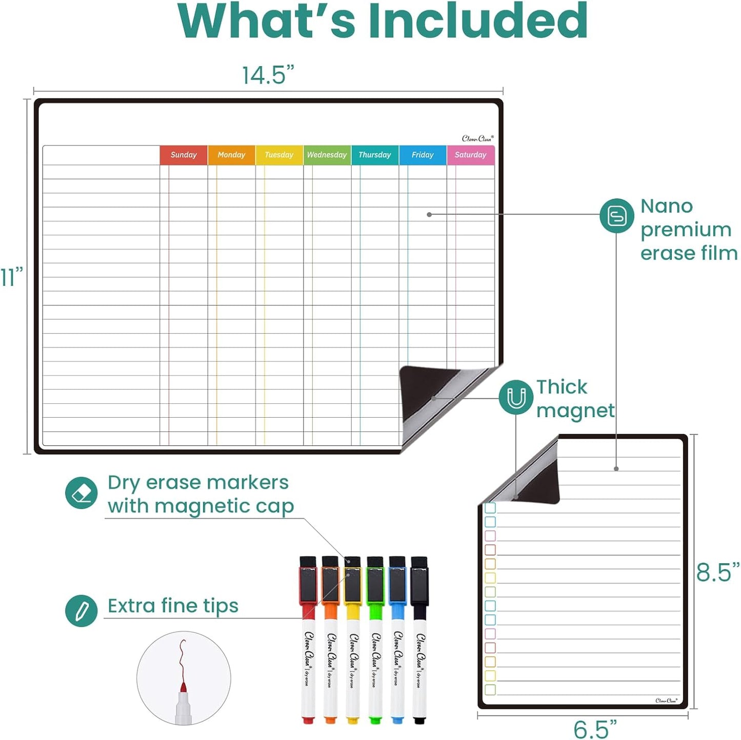 Magnetic Dry Erase List Board - 6.5"x8.5" Weekly, Daily, 2 List Boards for Fridge - 6 Extra Fine Point Markers Included - Shipped Flat