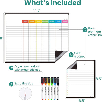 Magnetic Dry Erase List Board - 6.5"x8.5" Weekly, Daily, 2 List Boards for Fridge - 6 Extra Fine Point Markers Included - Shipped Flat