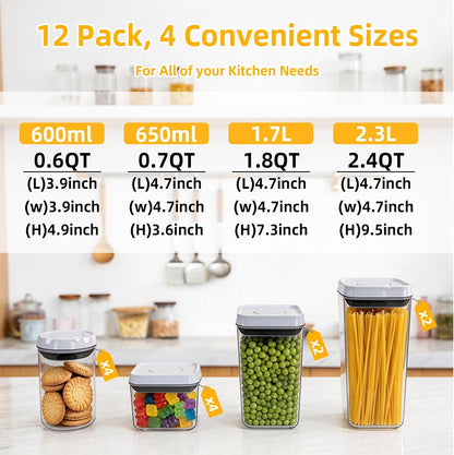 Pop Airtight Food Storage Containers with Lids, Push Button Seal BPA-Free for Kitchen Pantry Organization, 3 Pcs 0.65Qt/0.7Qt/1.8Qt for Cereal, Flour, Sugar, Snacks Dry Food Storage