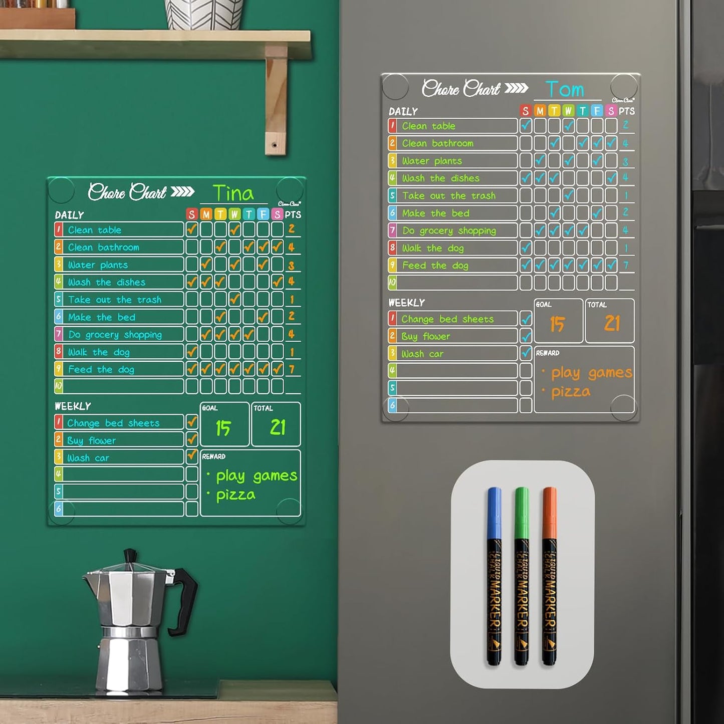 Clear Non-Magnetic Meal Planner Set for Fridge - Dry Erase Transparent Menu and List Board - Sticks to Wall, Glass, Door, Any Smooth Surfaces