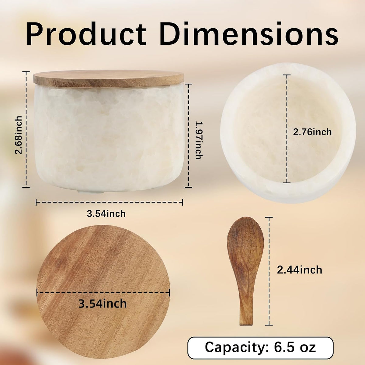 Salt and Pepper Spice Cellar, Marble Container for Coffee, Sugar, Spices and Candies, With Built-in Magnetic Attraction Spoon and Acacia Wood Lid, 6.5 oz (Snowflake White)
