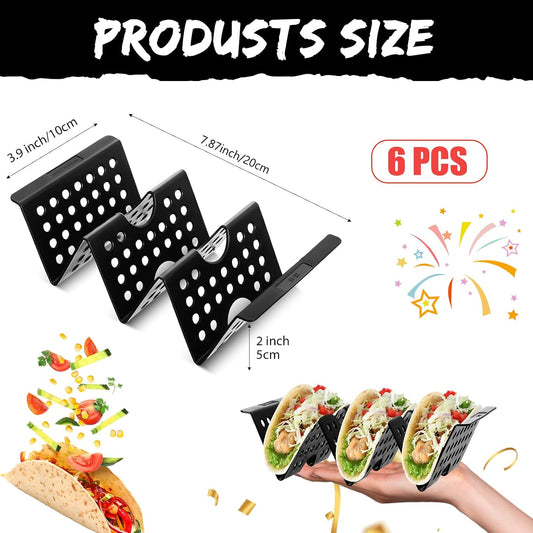 Baderke Mexico Taco Holder Stands Set of 6 Black Large Tray Plates Plastics Hollow Holder for Taco Night Tuesday Carnival Party Supplies, Dishwasher Microwave Safe