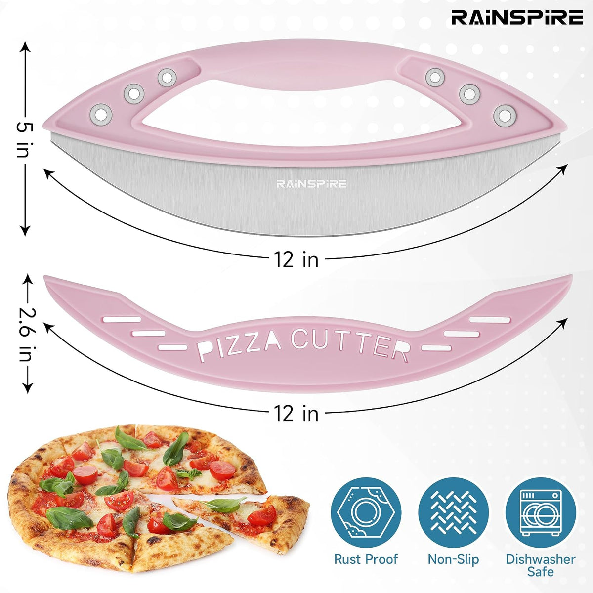 Rainspire 12" Pizza Cutter Rocker Blade Stainless Steel Pizza Rocker with Cover Sharp Blade Pizza Knife Dishwasher Safe Kitchen Gadgets Home Essentials, Black