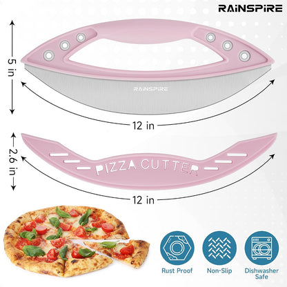 Rainspire 12" Pizza Cutter Rocker Blade Stainless Steel Pizza Rocker with Cover Sharp Blade Pizza Knife Dishwasher Safe Kitchen Gadgets Home Essentials, Black