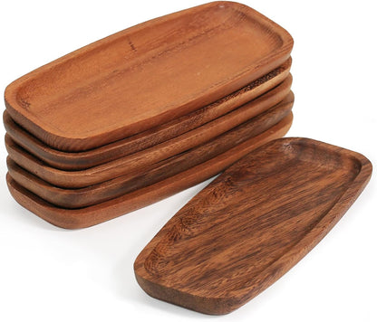 Mini Wooden Serving Platters and Trays, 7-inch Solid Acacia Wood Serving Plates for Food/Snacks/Appetizer, also as Jewelry Trays, Mini Charcuterie Board and Cheese Platter, Reusable (6 PCS)