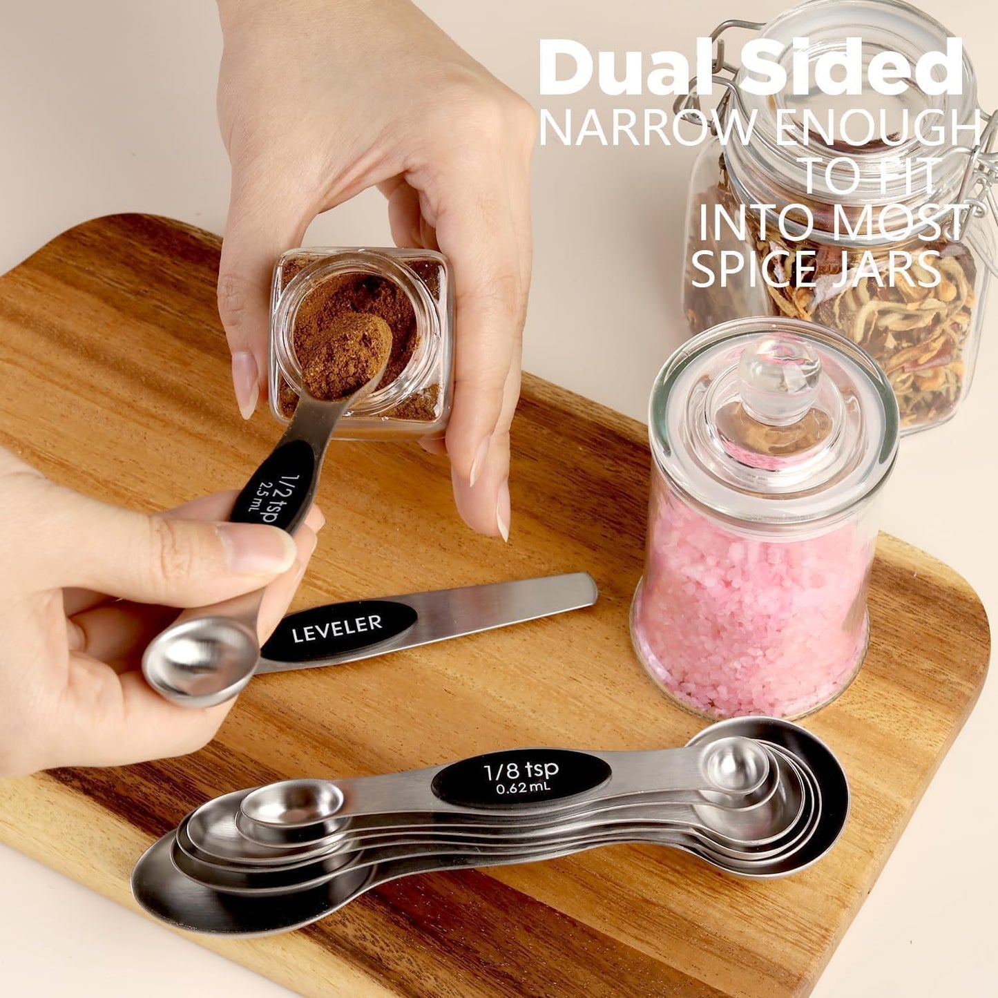 ChefAide Pack of 8 Stainless Steel Magnetic Measuring Spoons Set, Dual Sided, Stackable, Adjustable Teaspoon and Tablespoon Measure Spoon with Leveler, Kitchen Gadgets