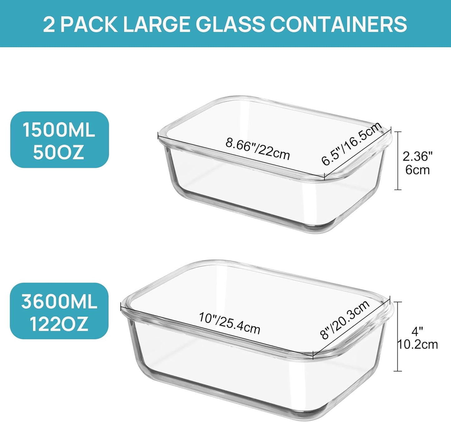Vtopmart 2.26L/76oz Extra Large Glass Food Storage Containers with Lids, 6 pack Meal Prep Container Set, Airtight Lunch Boxes with Snap Locking Lids for Microwave, Oven, Freezer, Dishwasher