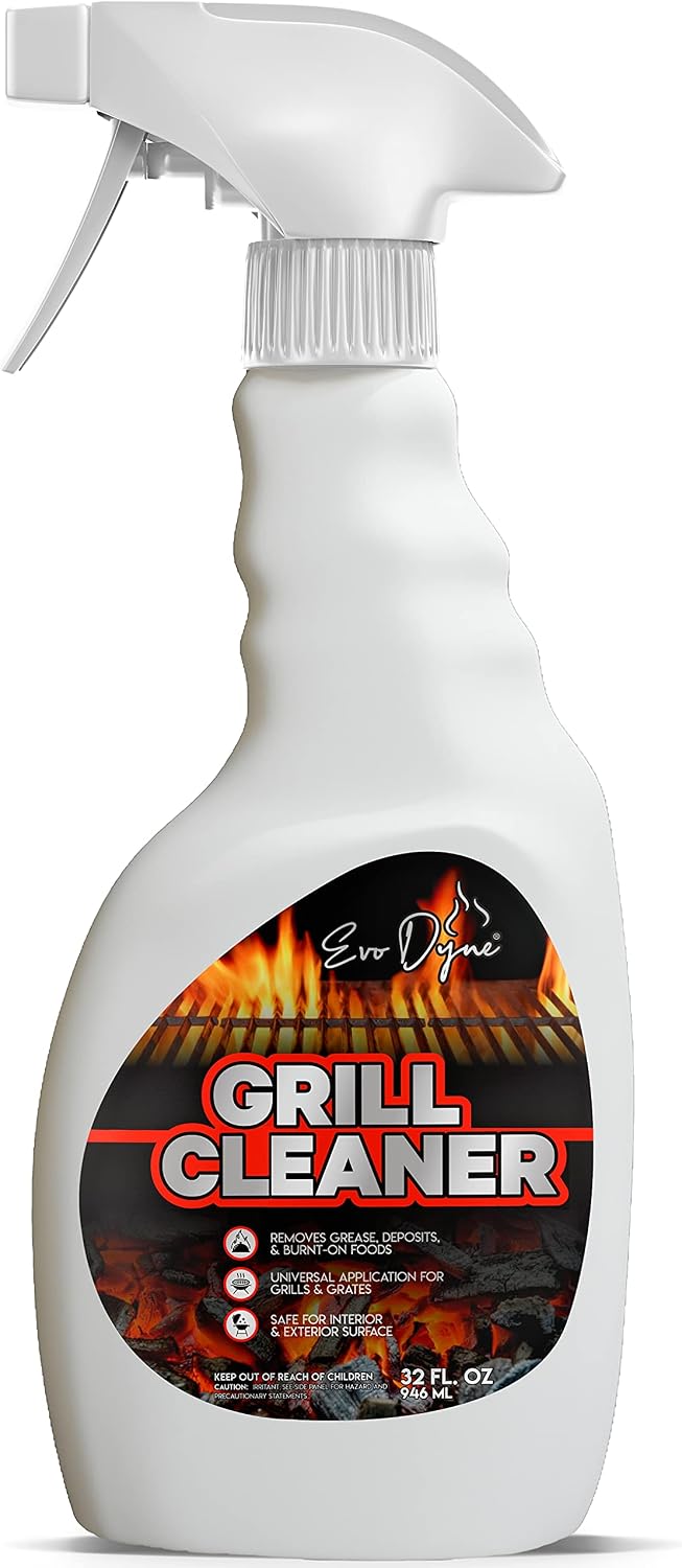 Evo Dyne Grill Cleaner Spray (32 oz), Made in USA - Quickly Cleans BBQ Burnt-on Foods and Grease from Grill Grates - Heavy Duty, Fast-Acting Formula, Less Scrubbing - Food Safe Grill & Oven Degreaser